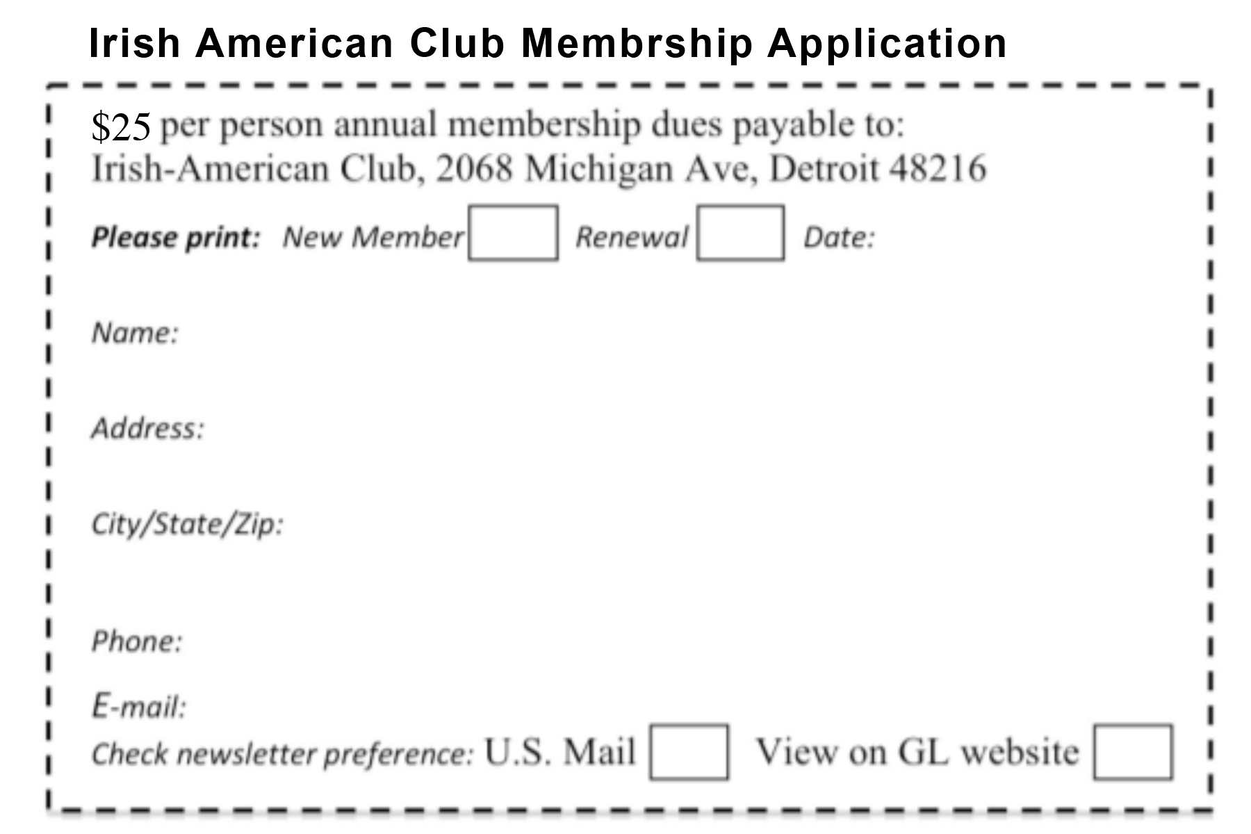 Irish American Club Membership Application